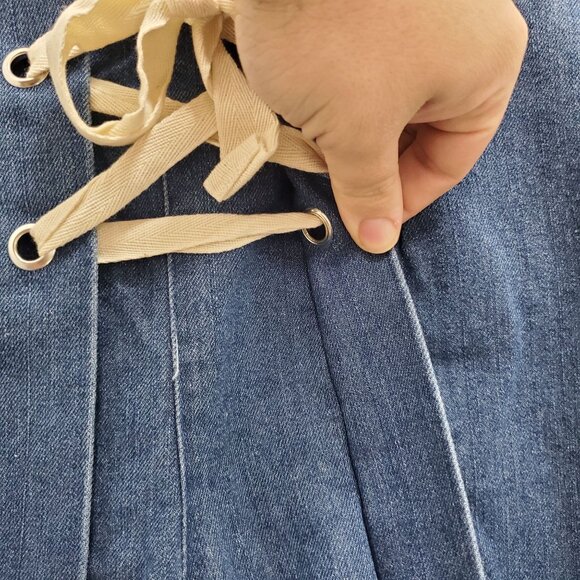 DO+BE Women's Back Zip Super Wide Raw Hem Denim Hakama Lace‎ Up Wrap Jeans NWT M - Picture 3 of 10